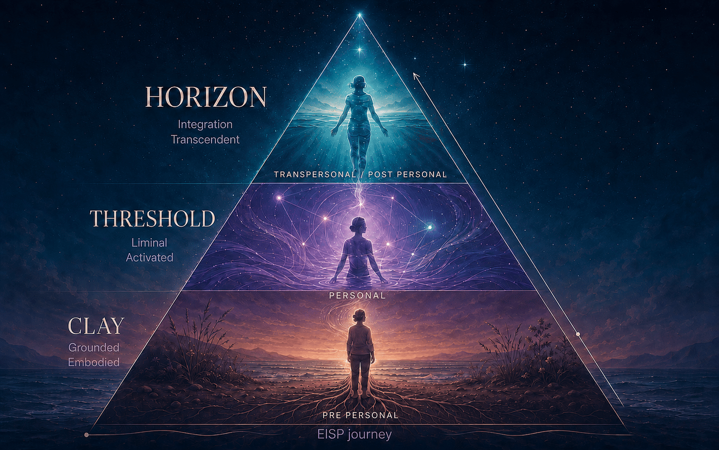 Pyramid diagram of the three landscapes of EISP: Clay at the grounded base, Threshold in the middle, and Horizon opening at the top