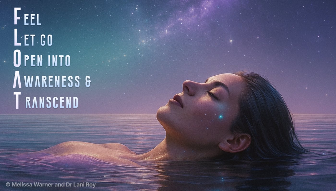FLOAT acronym beside a woman floating on her back beneath a starry sky: Feel, Let go, Open into, Awareness & Transcend.