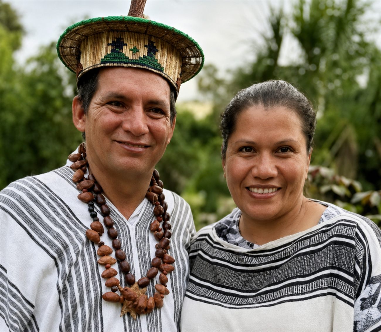 Two Asháninka curanderos in traditional dress at the Piompiri Healing Centre